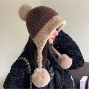 หมวกกันหนาวไหมพรมประดับมุก มีปอมๆๆ สำหรับผู้หญิงฤดูหนาว หวานน่ารัก ปอมยาว สีกาแฟ