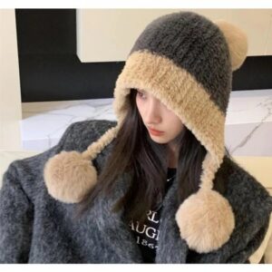 หมวกกันหนาวไหมพรมประดับมุก มีปอมๆๆ สำหรับผู้หญิงฤดูหนาว หวานน่ารัก ปอมยาว สีเทา