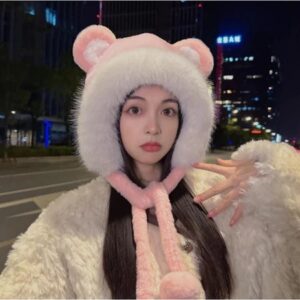 หมวกกันหนาวไหมพรมประดับมุก มีปอมๆๆ สำหรับผู้หญิงฤดูหนาว หวานน่ารัก หมีชมพูปอมยาว
