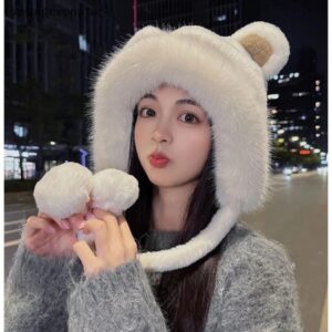 หมวกกันหนาวไหมพรมประดับมุก มีปอมๆๆ สำหรับผู้หญิงฤดูหนาว หวานน่ารัก หมีขาวปอมยาว