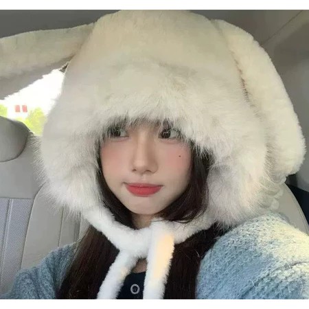 หมวกกันหนาวไหมพรมประดับมุก มีปอมๆๆ สำหรับผู้หญิงฤดูหนาว หวานน่ารัก หมวกกระต่ายขาว
