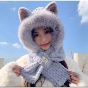 หมวกกันหนาวไหมพรมประดับมุก มีปอมๆๆ สำหรับผู้หญิงฤดูหนาว หวานน่ารัก หมวกแมวเทา